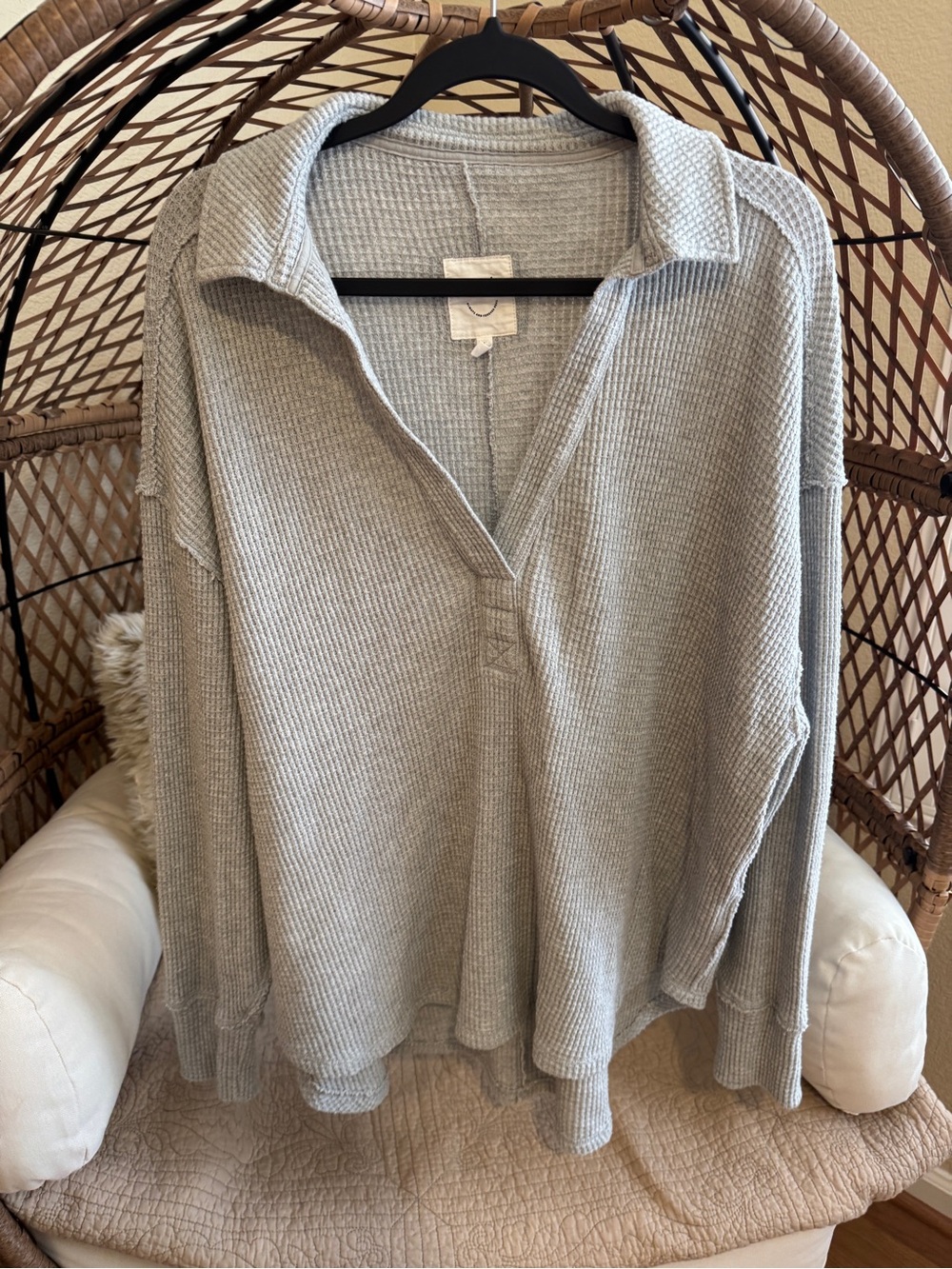 Aerie Lumberjane Waffle Oversized Polo Gray Medium